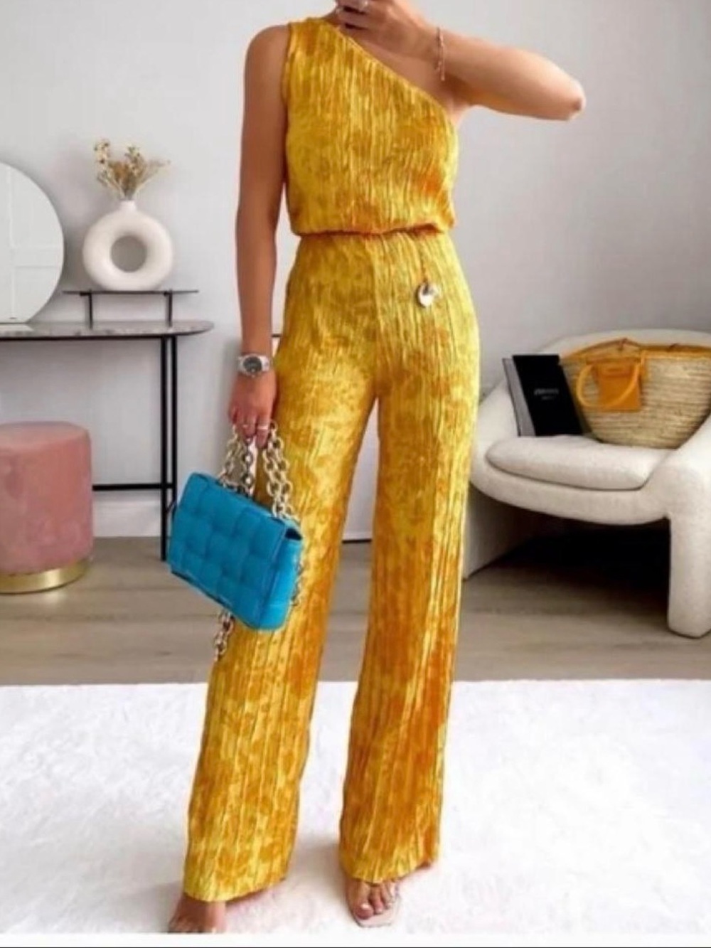 Zara One-Shoulder Yellow Wide-Leg Jumpsuit